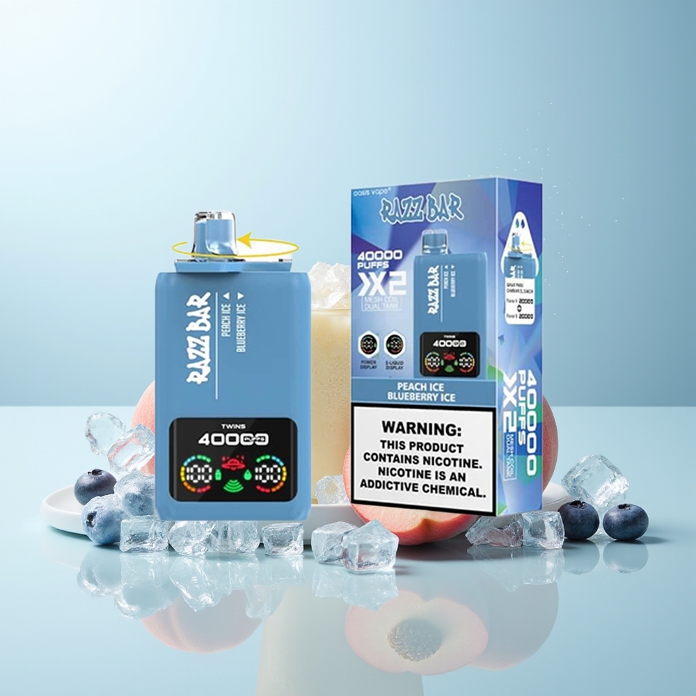 راز بار Razz Bar 40000 نفخة تبخير قابل للتخلص منه خوخ مثلج - توت أزرق مثلج شاشة عرض طاقة ٥٪ محتوى نيكوتين
