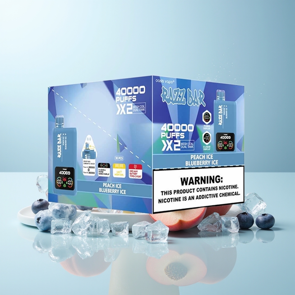 راز بار Razz Bar 40000 نفخة تبخير قابل للتخلص منه خوخ مثلج - توت أزرق مثلج شاشة عرض طاقة ٥٪ محتوى نيكوتين