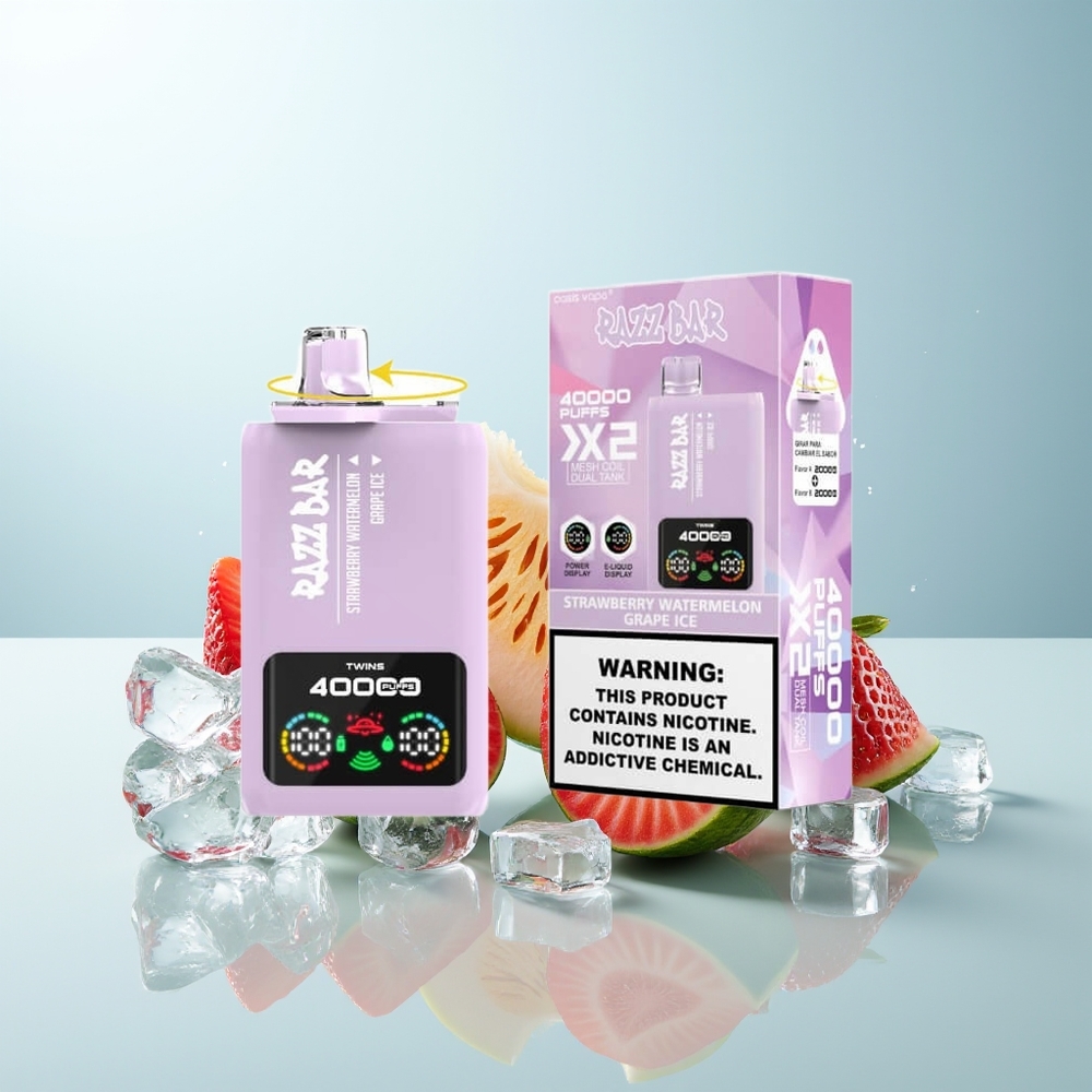 راز بار Razz Bar 40000 نفخة فراولة بطيخ - عنب مثلج شاشة عرض طاقة محتوى نيكوتين ٢٪،٥٪