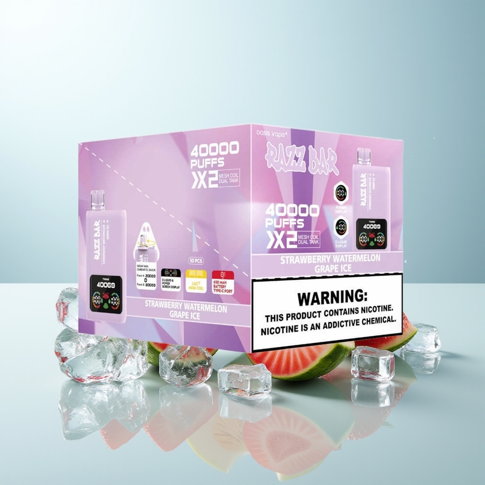 راز بار Razz Bar 40000 نفخة فراولة بطيخ - عنب مثلج شاشة عرض طاقة محتوى نيكوتين ٢٪،٥٪