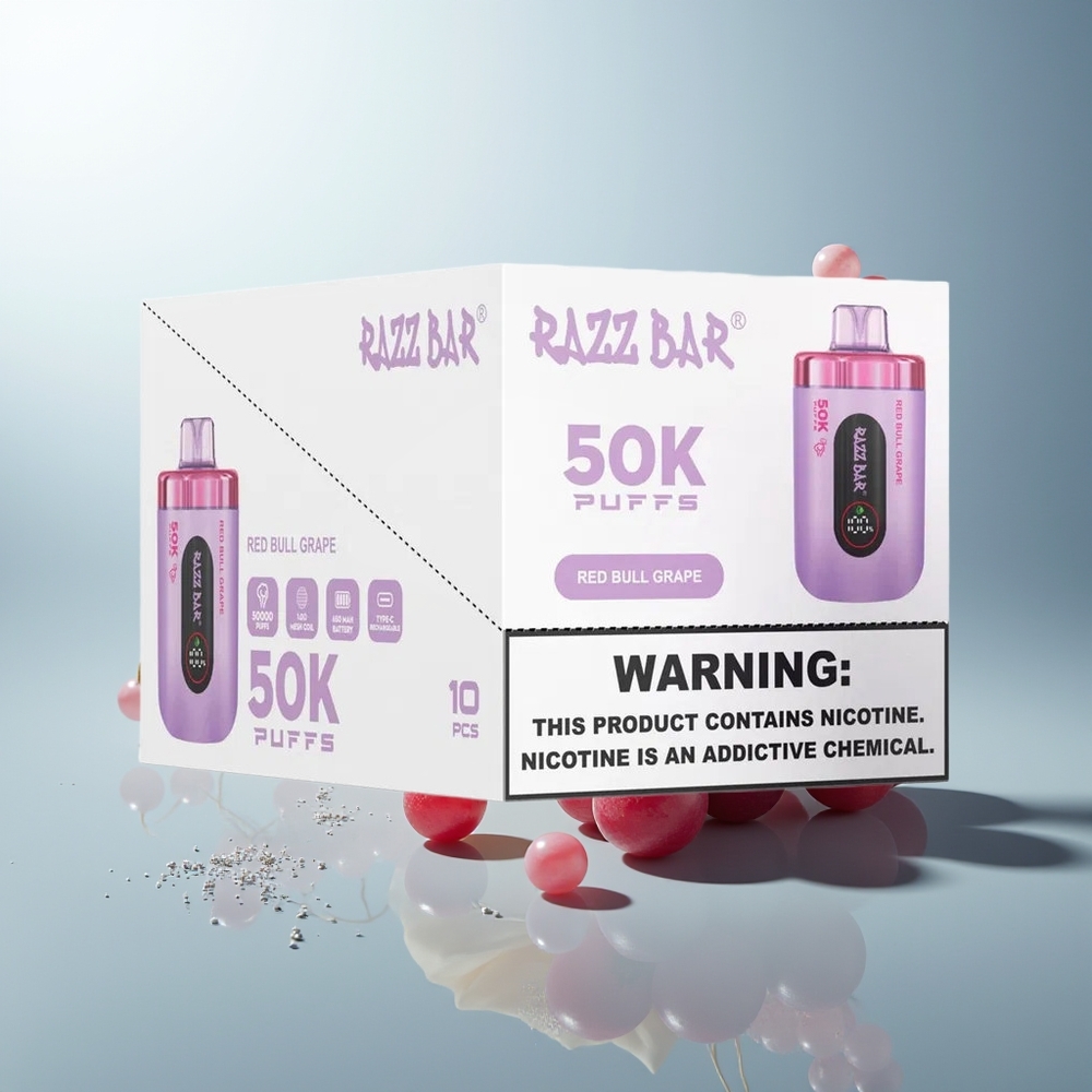 راز بار Razz Bar 50K نفخة بخاخ يستعمل مرة واحدة عنب ريد بول 1.0 أوم شبكة 2% نيكوتين