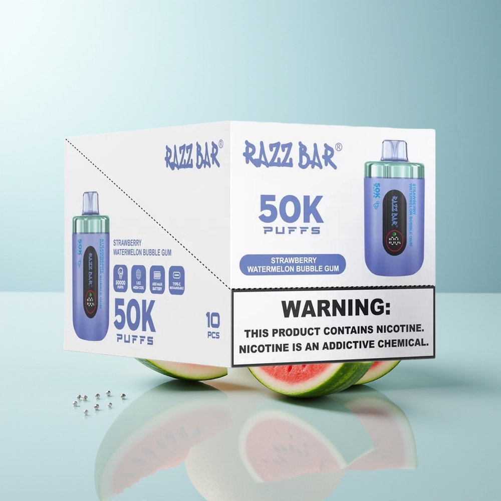 Razz Bar 50K Puffs فراولة بطيخ علكة فقاعية 1.0 Ohm 2% نيكوتين